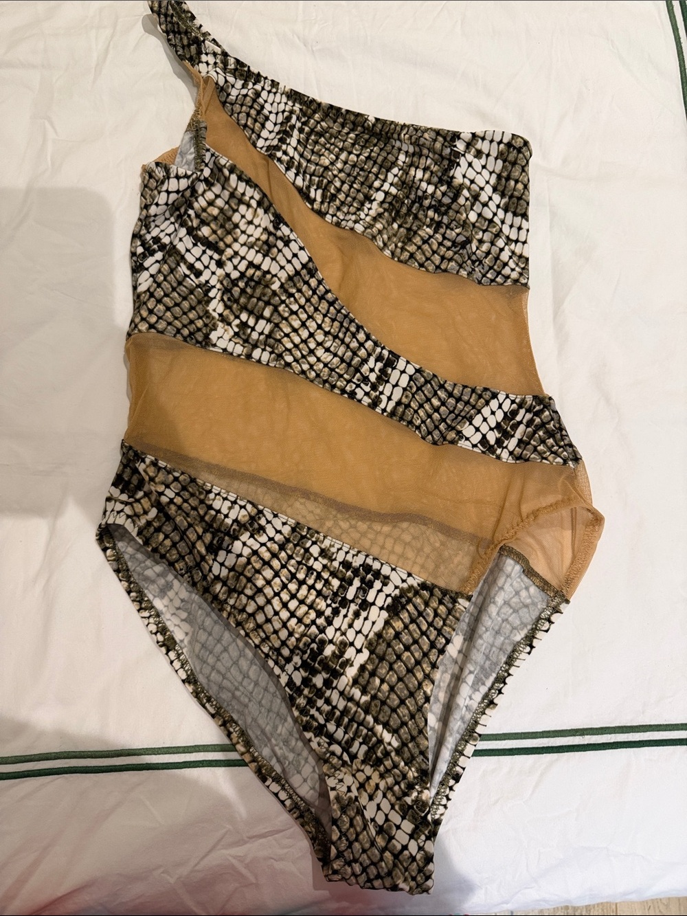 Norma Kamali One-Shoulder Snake Print One-Piece with Tan Mesh